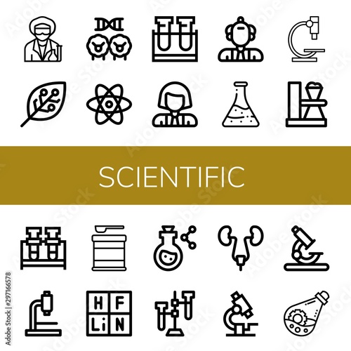 Set of scientific icons such as Scientist, Experimentation, Cloning, Atom, Test tube, Flask, Microscope, Formula, Periodic table, Urinary tract , scientific