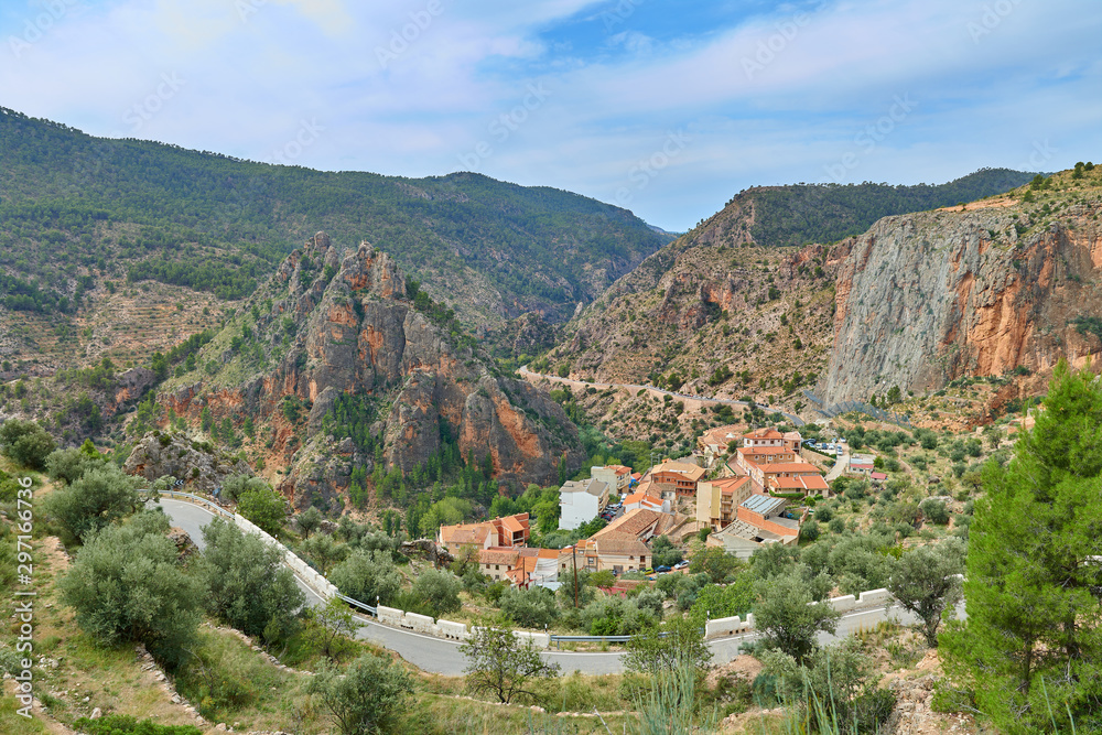 Landscape view of the town of Ayna and the Picarzos rock from the mountain road that descends to that town, Albacete province, Castilla la Mancha, Spain