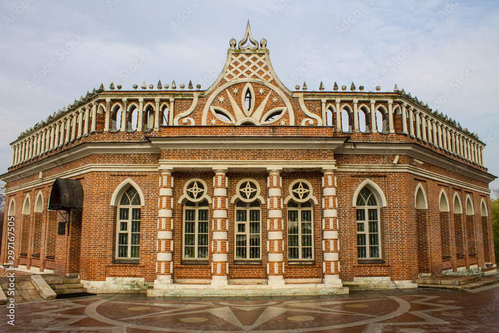 brick pink Palace in Tsaritsyno Park on autumn day in Moscow Russia