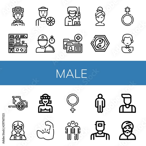 Set of male icons such as Soldier, Counter, Basketball player, Delivery man, Worker, Account, Relax, Yin yang, Genderqueer, Soccer player, Chariot, Mathematician, Muay thai , male