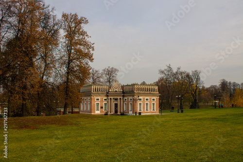 brick pink Palace in Tsaritsyno Park on autumn day in Moscow Russia