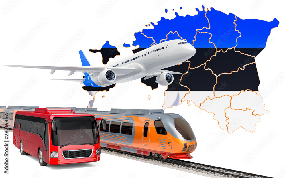 Passenger transportation in Estonia by buses, trains and airplanes, concept. 3D rendering