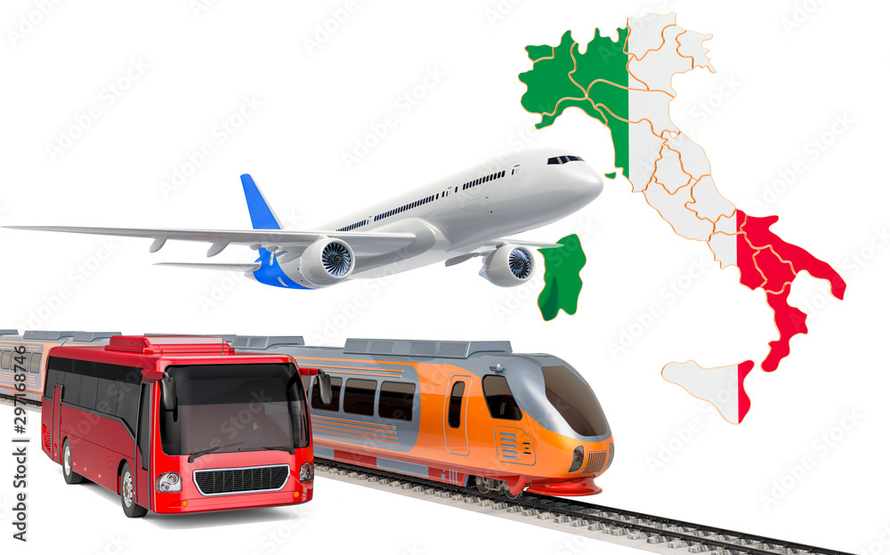 Fototapeta premium Passenger transportation in Italy by buses, trains and airplanes, concept. 3D rendering