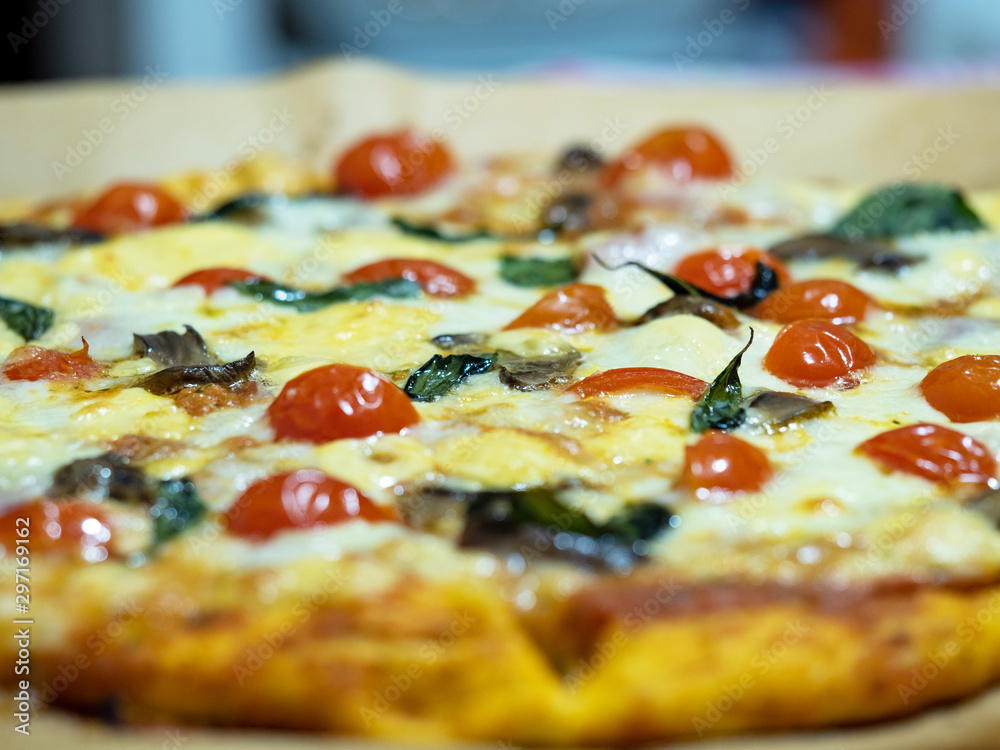 blurred pattern of homemade pizza. Italian traditional dish on a thin dough with a variety of fillings blurred pattern of homemade pizza. Italian traditional dish on a thin dough with a variety of fillings