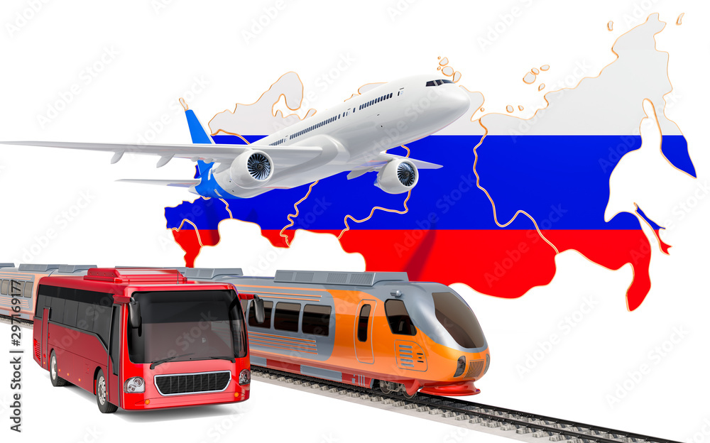 Passenger transportation in the Russian Federation by buses, trains and airplanes, concept. 3D rendering