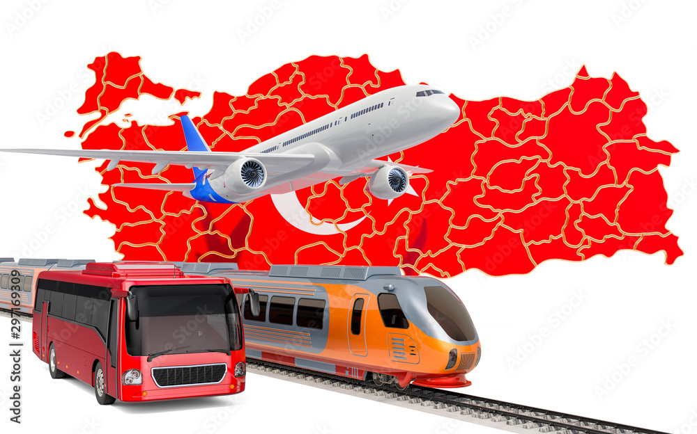 Passenger transportation in Turkey by buses, trains and airplanes, concept. 3D rendering