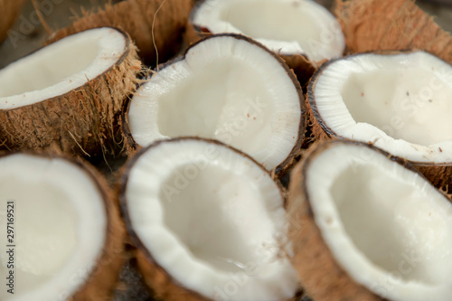 Closeup of coconut, Many coconuts cut in half in organic.