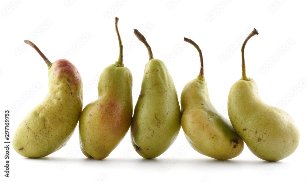 Ugly produce concept. Strangely shaped organic pears in row isolated on white background Ugly produce concept. Strangely shaped organic pears in row isolated on white background