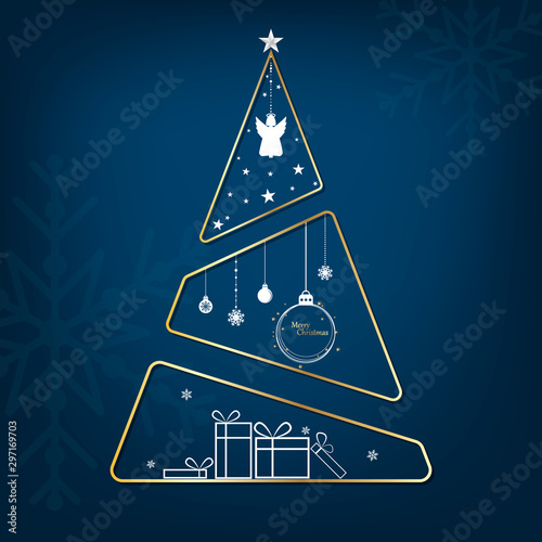 Modern christmas tree on blue background with stars, gift and ornament design
