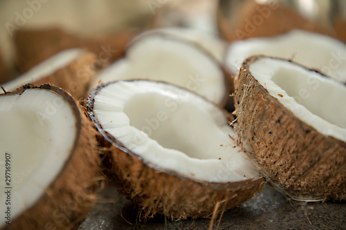Dried coconut is cut in half sweet, organic, many coconuts, coconuts cut, 