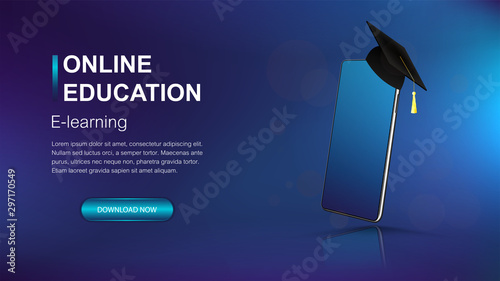 Online education modern web banner template. Mockup smartphone and square academic cap as a symbol of graduation. E-learning banner for website and mobile website. Landing page template. Vector image