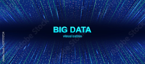 Colorful Big Data visualization background with 3d text. Futuristic data flow background, with lines and glow. Big data connection complex. Data array visual concept. Technology Vector illustration