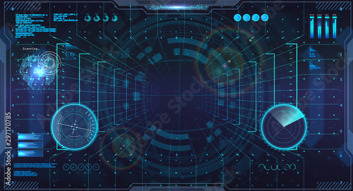 Virtual reality in HUD style. Sky-fi helmet with Futuristic User Interface. VR view. Head up display, cockpit command center. HUD VR concept. GUI design for video games. Vector illustration