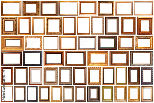 Collection of golden picture frames isolated on white background set