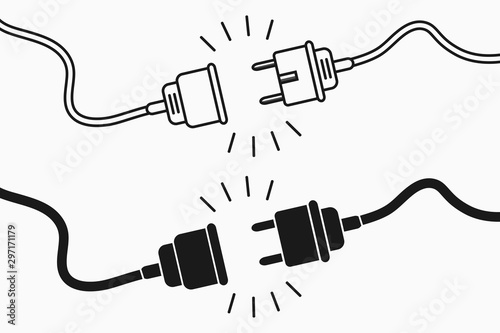 Electric plug and socket. 404 error concept, set of flat and line design elements for disconnect web page. Unplugged electric plug with wire cable and socket illustration. Vector. photo