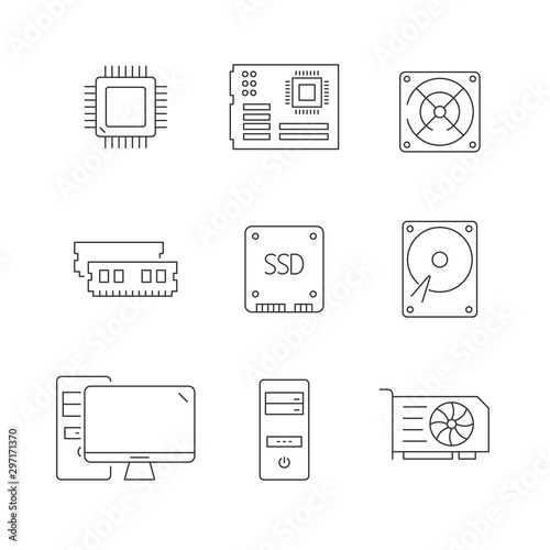 Computer components line icons on white background. Editable stroke