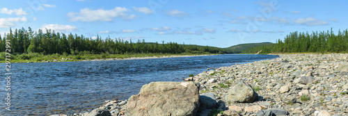 Panorama. Summer landscape of the northern river.