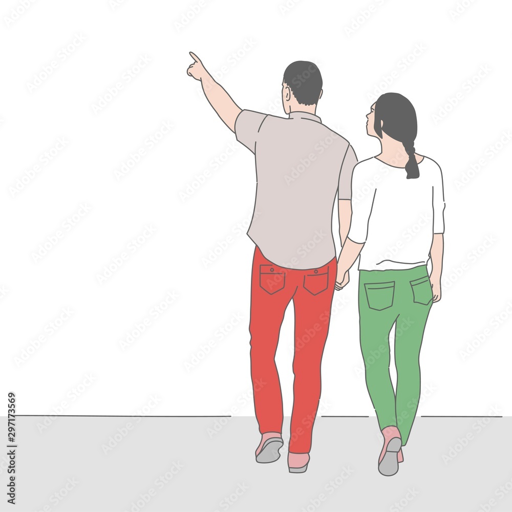 Color sketch of walking young couple. Man pointing. Rear view. Hand drawn vector illustration. Color sketch of walking young couple. Man pointing. Rear view. Hand drawn vector illustration.