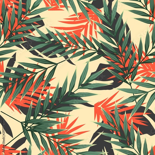 Bright tropical seamless pattern with jungle plants. Exotic background with tropical leaves. Vector