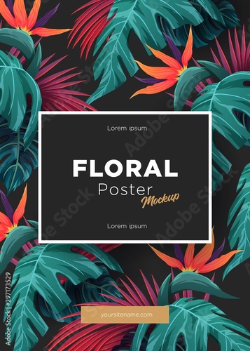 Bright tropical background with jungle plants. Exotic pattern with tropical leaves