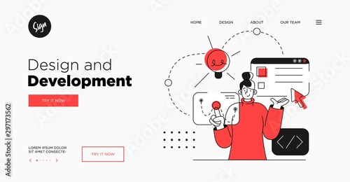 Presentation slide template or landing page website design. Business concept illustrations. Modern flat outline style. Design And Development