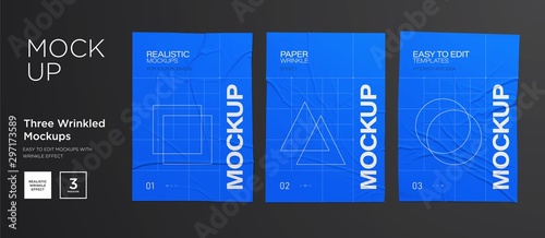 Blue Wrinkled poster template set. Glued paper. Vector Realistic wet wrinkled posters mockup