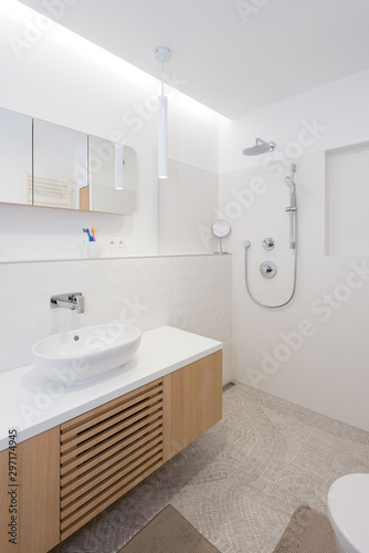 Interior of contemporary bathroom with bathtub and shower