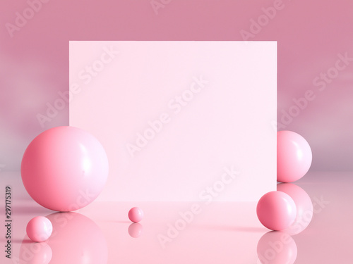 Geometric mockup with canvas and spheres in pink color. 3D rendering. © Nada Sertic