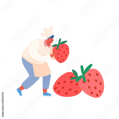 Chef Bakery with Sweet Food Stawberry Concept. Man Character Holding and Decorating Cake with Berries. Cartoon Flat Vector Illustration