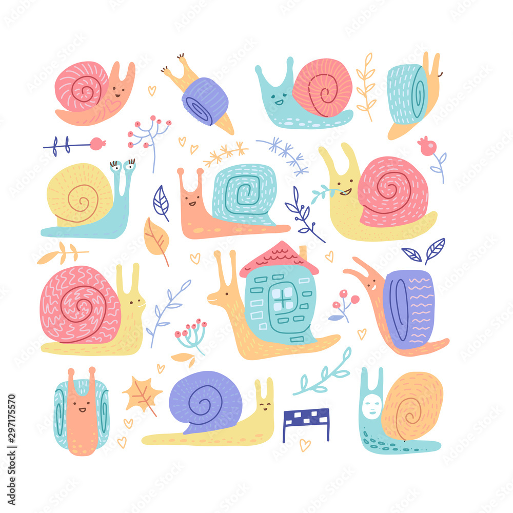 Set of hand drawn childish snails of different behavior shell colours in doodle color style isolated on white background. Flat vector illustration in scandinavian style.
