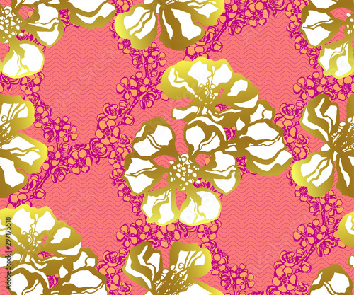 Seamless floral pattern with Japanese quince flowers and ornamental decorative background. Vector pattern. Print for textile, cloth, wallpaper, scrapbooking