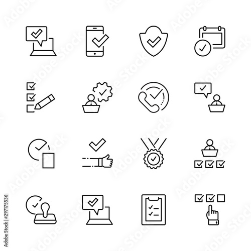 Set Approve Vector Line Icons. Contains such Icons as Quality Check, Protection Guarantee, Accepted Document and more. Editable Stroke. 32x32 Pixels