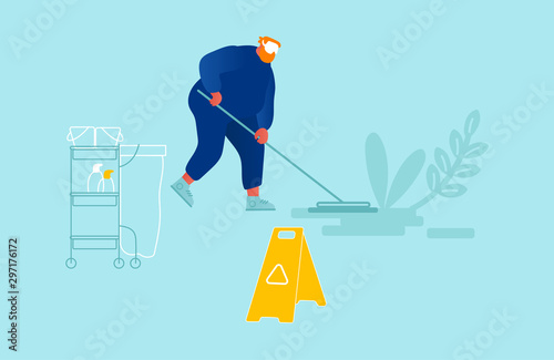 Professional Cleaning Company Service Concept. Male Character Sweeping and Mopping Floor with Mop in Public Place with Warning Sign on Wet Floor. Man Washing Room. Cartoon Flat Vector Illustration