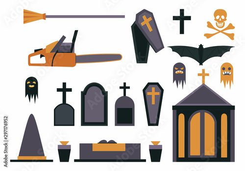 Halloween symbols flat vector illustrations set. Haunted cemetery design elements isolated on white background. Gravestones, coffins, spooky ghosts, crypt, vampire bat, witch hat and broomstick