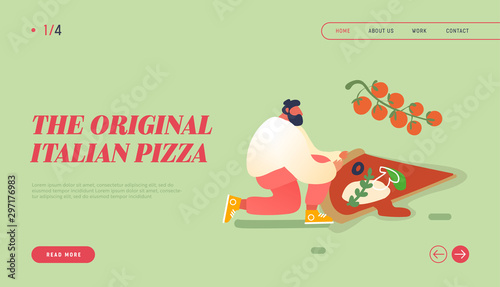 Pizzeria Bistro Website Landing Page, People Character Eating Huge Pizza, Eat Piece of Italian Food. Fast Food, Cafe, Visitors, Web. Cartoon Flat Vector Illustration, Banner