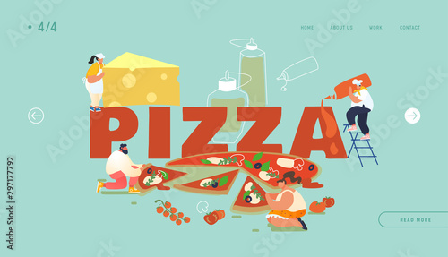 Pizzeria Bistro Website Landing Page, People Character Eating Huge Pizza, Cut with Knife, Put Ketchup and Cheese, Italian Food. Fast Food, Cafe, Visitors, Web. Cartoon Flat Vector Illustration, Banner