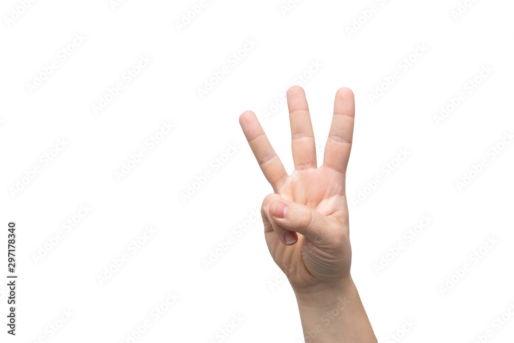 Male hand is showing three fingers isolated on white background, place for text - obrazy, fototapety, plakaty 