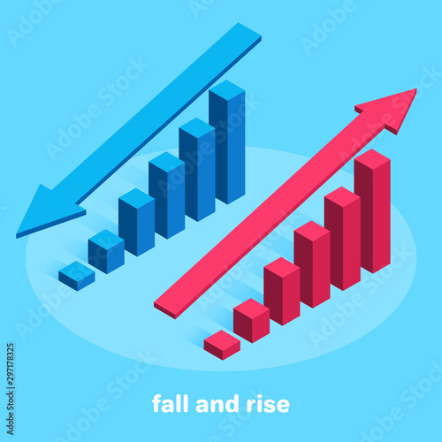 isometric vector image on a blue background, up and down arrows above chart columns, financial statistics