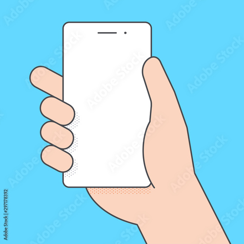 flat vector linear image on blue background, hand is holding smartphone