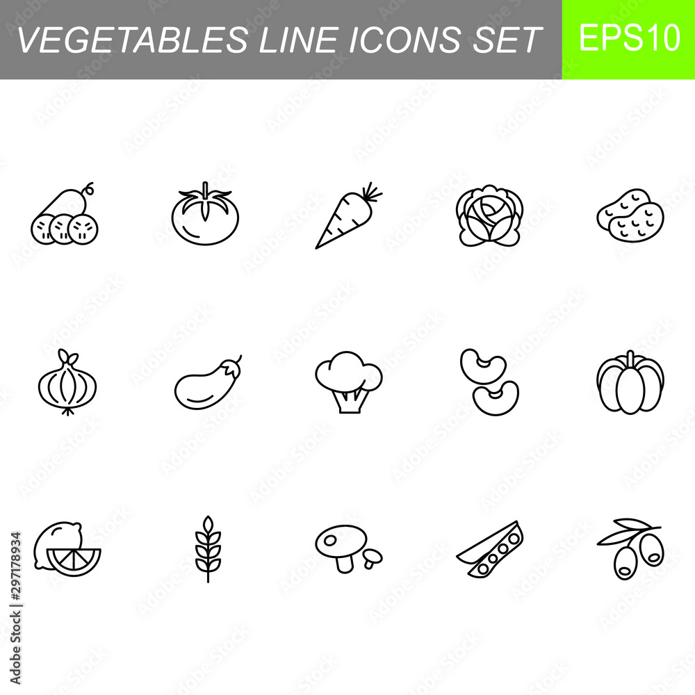 Thin line vegetables and fruit icons set on white background. Vector illustration eps10.