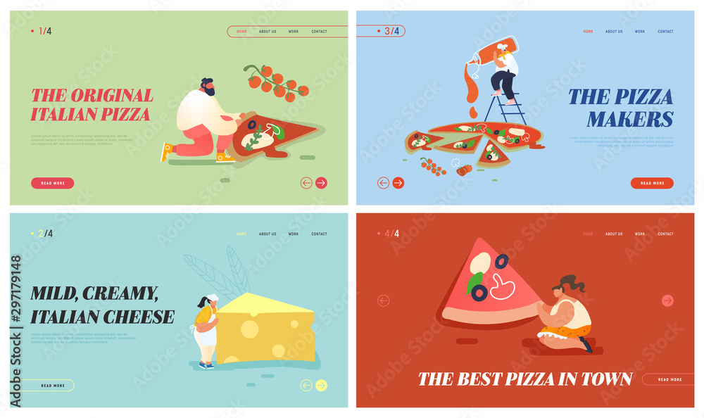 Set of Pizzeria Bistro Website Landing Page, People Characters Eating Huge Pizza, Cut with Knife, Put Ketchup and Cheese, Italian Food. Fast Food, Cafe, Visitors, Web. Cartoon Flat Vector Illustration