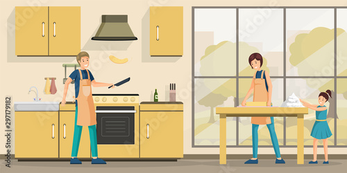 Family cooking lunch flat vector illustration. Happy parents and little child in kitchen cartoon characters. Father making delicious pancakes, mother and daughter kneading dough together