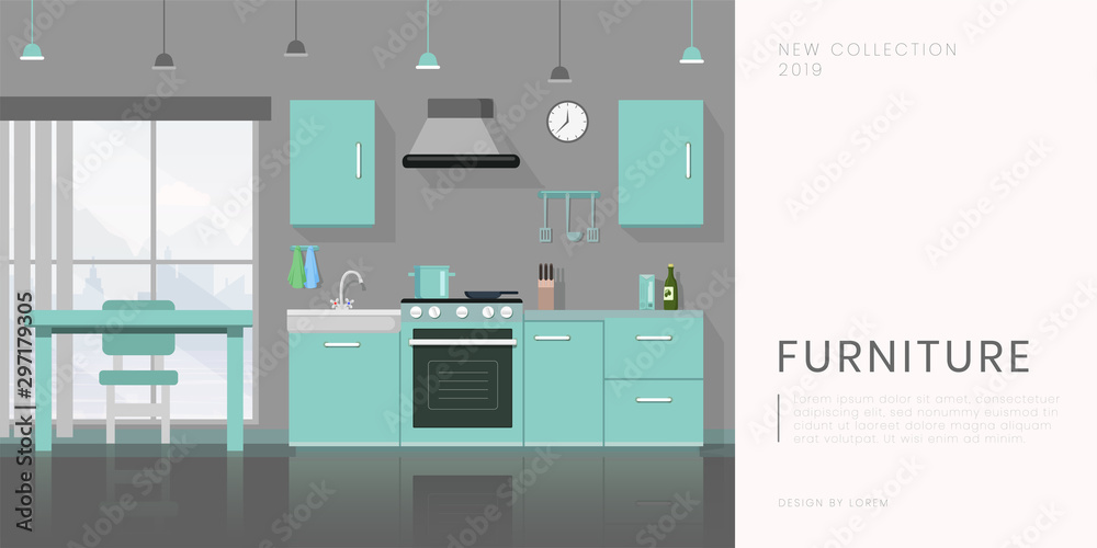 Furniture store flat banner vector template. Contemporary kitchen equipment sale, kitchenware shop advertising poster layout. Modern dining room furnishing illustration with text space
