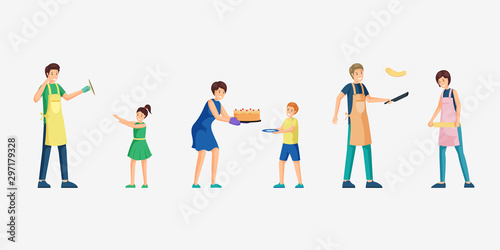 People cooking food vector illustrations set. Happy adults and cheerful little children cartoon characters. Delicious homemade meal preparation, home kitchen decorative design elements pack