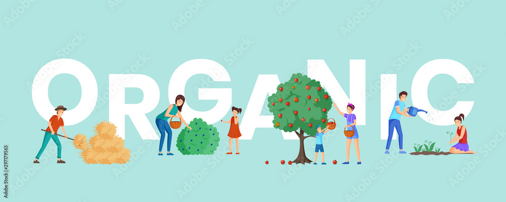 Organic farm harvest word concept banner. Parents and children gathering ripe bio apples and black currant with baskets. Rancher near haystack, gardeners planting flowers cartoon characters Organic farm harvest word concept banner. Parents and children gathering ripe bio apples and black currant with baskets. Rancher near haystack, gardeners planting flowers cartoon characters