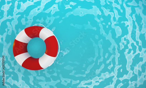 Lifebuoy in hotel pool - 3D render illustration. Emergency lifesaver buoy in water. Saving Lives - social advertising poster with copy space. Lifeguard equipment floating in sea, ocean. lifeguard day