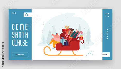Merry Christmas Greetings Time Website Landing Page. Happy Man in Santa Claus Hat Sitting in Sledge with Gifts and Sweets Riding on Snowy Background Web Page Banner. Cartoon Flat Vector Illustration