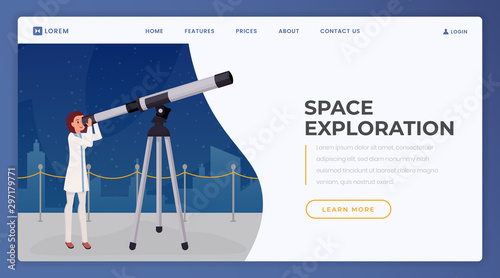 Space exploration landing page vector template. Observatory, planetarium website homepage interface idea with flat illustration. Cosmos observation, astronomy web banner, webpage cartoon concept