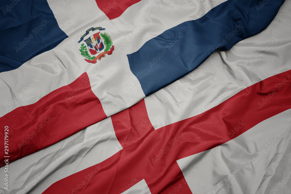 waving colorful flag of england and national flag of dominican republic. waving colorful flag of england and national flag of dominican republic.