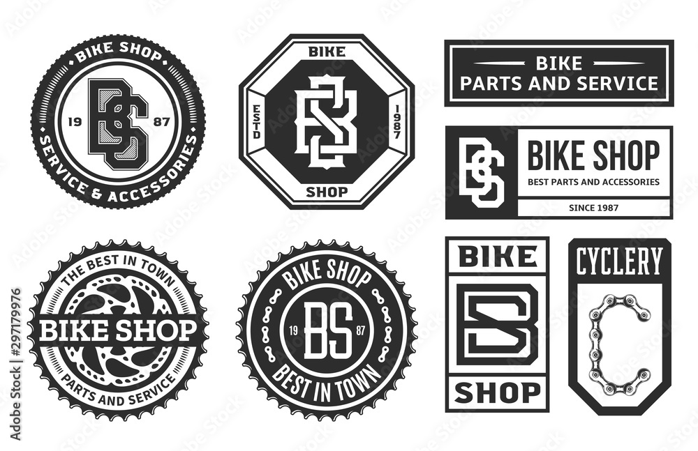 Set of vector bike shop, bicycle part and service logo, badges and icons isolated on a white background - obrazy, fototapety, plakaty 